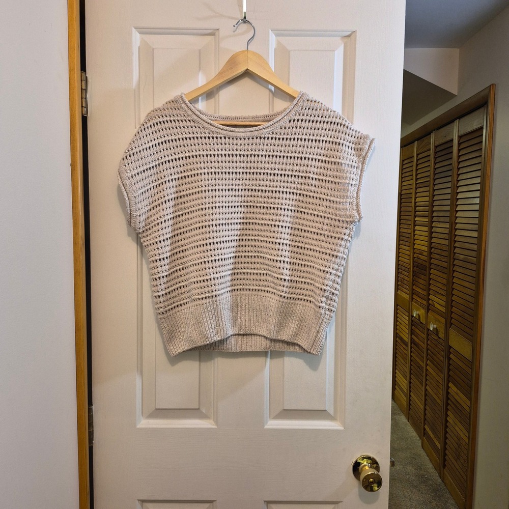 Joie Women Beige Metallic Open Knit Sleeveless Cap Sleeve Sweater Top Large